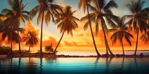 Fototapeta na wymiar Beautiful sunset at a beach resort in the tropics. Palm trees and ocean coast. Generative AI
