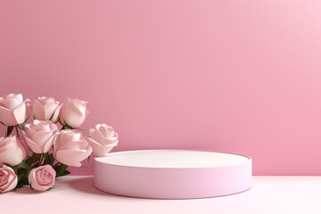 Obraz na płótnie Canvas pink roses podium soft pink studio backdrop background