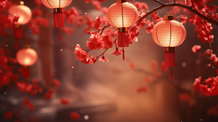 Naklejka premium Beautiful Chinese New Year red lanterns on festive background picture 