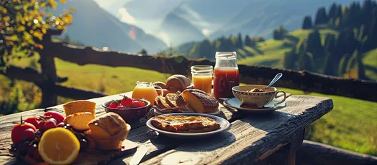 Photo sur Plexiglas Dolomites Breakfast Alps South Tyrol rural. Copy space image. Place for adding text