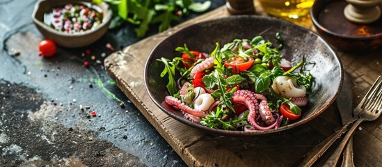 octopus salad. Copy space image. Place for adding text