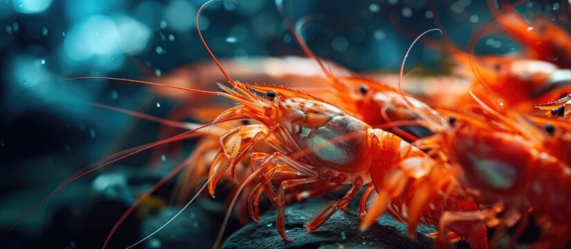 A group of Super Red cherry shrimp. Copy space image. Place for adding text