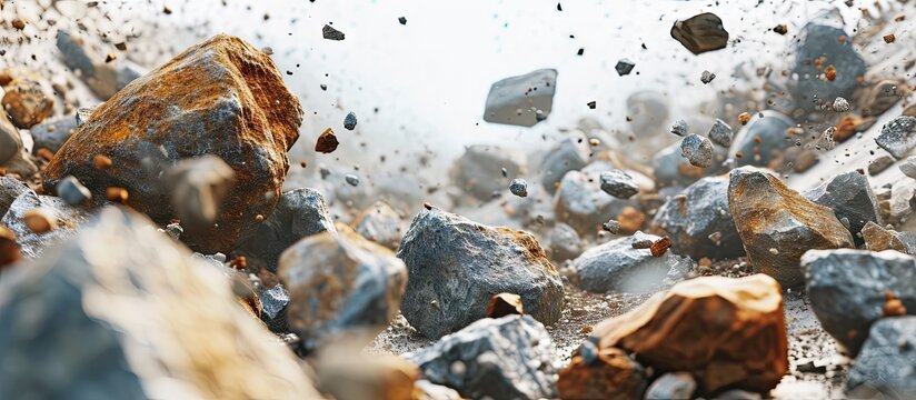 Landslide and rockfalls with stones of different sizes in summer. Copy space image. Place for adding text