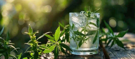 Cold Refreshing Botanical CBD Seltzer Water with Ice. Copy space image. Place for adding text