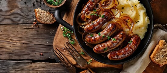 Sausages with fried onions and mashed potatoes. Copy space image. Place for adding text