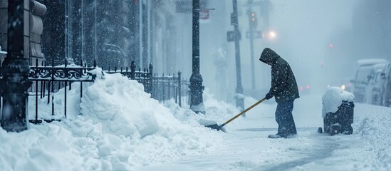 Man clear snow from sidewalk cleans footpath from snow during blizzard Utility worker shoveling snow on city street Janitor clearing snowy walkway with shovel Street cleaner. Copy space image