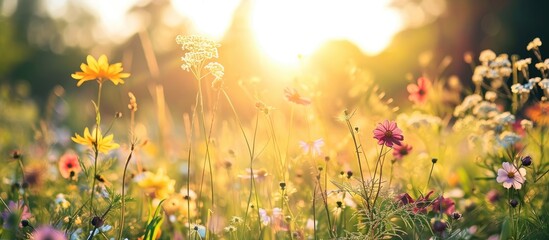 Flowers and plants lit by sunlight in late afternoon beautiful nature in meadow. Copy space image. Place for adding text - obrazy, fototapety, plakaty