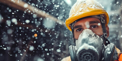 Professional construction worker wearing dust mask surrounded by many floating glass wool dust particles on construction site - obrazy, fototapety, plakaty