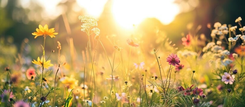 Flowers and plants lit by sunlight in late afternoon beautiful nature in meadow. Copy space image. Place for adding text