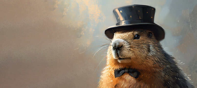 Painted marmot in top hat and tie, brown background