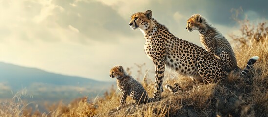 Cheetah and cubs look left on mound. Copy space image. Place for adding text - Powered by Adobe