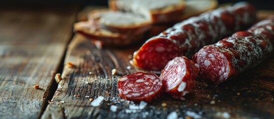 Popular Spanish dry cured pork sausage Salchichon on wooden table. Copy space image. Place for adding text - obrazy, fototapety, plakaty