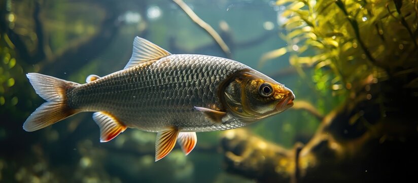 European barbel Barbus barbus Wildlife animal. Copy space image. Place for adding text