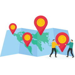Fototapeta na wymiar Work together to place financial points on the map, Vector illustration in flat style