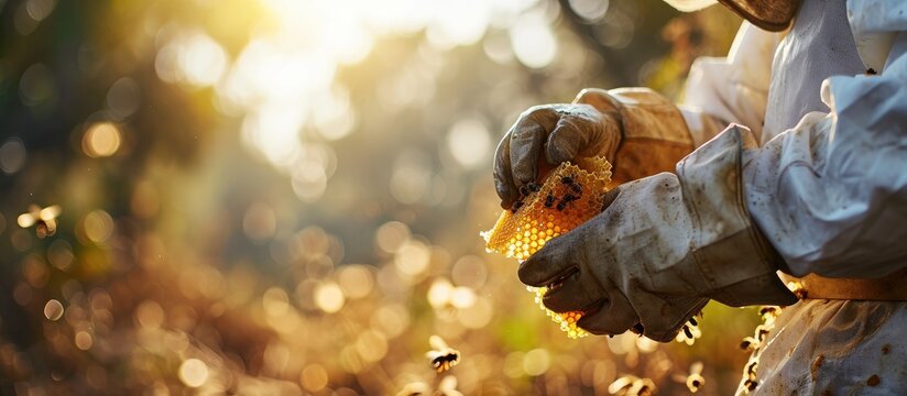 A beekeeper in a protective suit and gloves holds a wooden frame with honeycomb honey and bees Bees carry honey Eco apiary in nature Production of natural honey Honey Combs. Copy space image