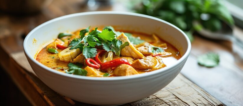 Raw bananas spicy curry with Chicken in coconut milk original Thai food in white bowl Select focus and space for texts. Copy space image. Place for adding text