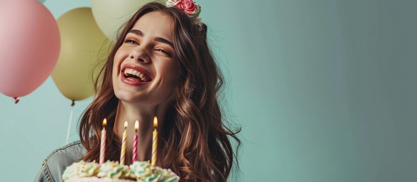 Happy young lady celebrating birthday with her friend. Copy space image. Place for adding text