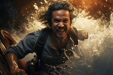 Obraz premium A carefree traveler, with a soaked mane and a trusty pack, beams in the sunlight as he embraces the refreshing water of the great outdoors