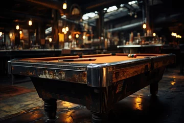 Foto op Plexiglas A sleek black billiard table stands in the center of a dimly lit recreation room, adorned with cue sticks and colorful billiard balls, beckoning for a night of competitive games and leisurely enterta © Larisa AI