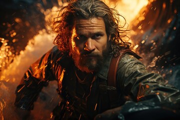 Amidst a blazing inferno, a rugged man with a fierce beard stands ready for action in this intense cg artwork for an adrenaline-fueled action-adventure game