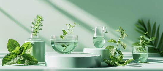 Geometric shaped transparent podiums decorated with fish mint leaves and some glassware Stage showcase on minimal podium display with Fish mint Houttuynia cordata extract. Copy space image