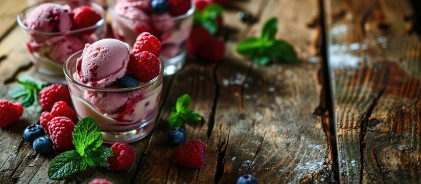 Raspberry ice cream with berries and mint served in glasses on an old wooden table selective focus. Copy space image. Place for adding text