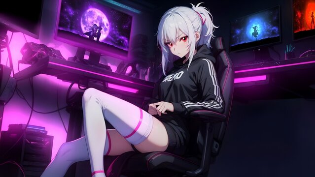 Sexy anime girl sitting at the computer with anime wallpaper on PC
