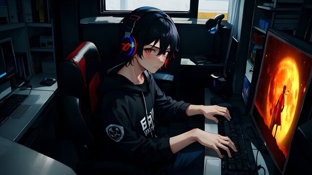 Anime guy sits at the computer, and in headphones, and with anime wallpaper on the PC