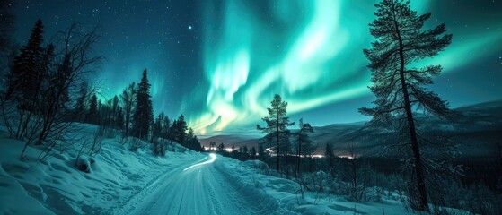 Amazing northern lights over a track through winter landscape in Finnish Lapland. The mesmerising aurora borealis