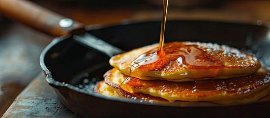 A pancake being flipped by a black spatula in a frying pan Close up. Copy space image. Place for adding text - obrazy, fototapety, plakaty