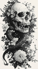 Skull and Serpent with Florals Monochrome Artwork created with Generative AI technology