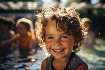 A joyful toddler, dressed in bright summer clothing, flashes a contagious smile while splashing in the refreshing pool on a sunny day