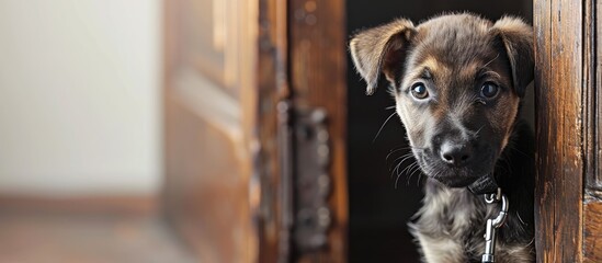 the dog is afraid to walk scared little pet with a dog leash in front of the door the puppy is scared to go outside. Copy space image. Place for adding text