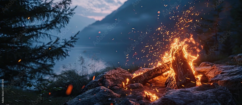 Wall mural 3d rendering of big bonfire with sparks and particles in front of foggy mountain and starry sky. cop