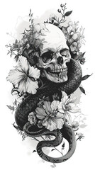 Fototapeta premium Skull and Serpent with Florals Monochrome Artwork created with Generative AI technology