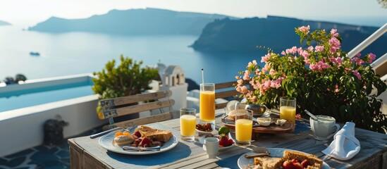 Luxury travel resort breakfast in room service at fancy hotel restaurant with amazing balcony view...