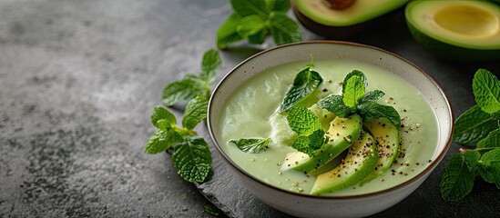 Cold cucumber soup with avocado and mint. Copy space image. Place for adding text