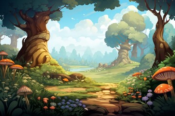 Dive into the charm of nature with a cartoon forest background, showcasing tall cartoonish trees, adorable wildlife, and lush, Generative AI