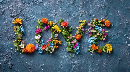 LOVE text written from colorful flowers. Bloom of Love. Floral Word Art.