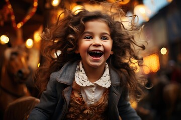 A joyful toddler stands on a busy street, her bright smile and open mouth capturing the essence of childhood innocence and wonder in this captivating portrait