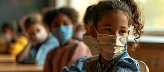 Education During Pandemic Diverse group of multiethnic schoolchildren wearing single use medical masks sitting at desk in classroom keeping new normal social distance studying at junior school