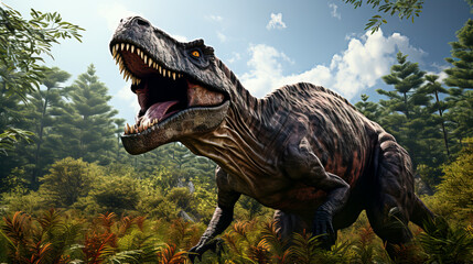 Tyrannosaurus Rex Roaring in the Cretaceous Forest created with Generative AI technology - obrazy, fototapety, plakaty