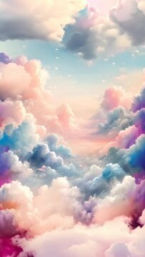  A vertical video background featuring abstract clouds in the sky with either a sun or sunset landscape, created using a watercolor technique to achieve a soft, light background. 