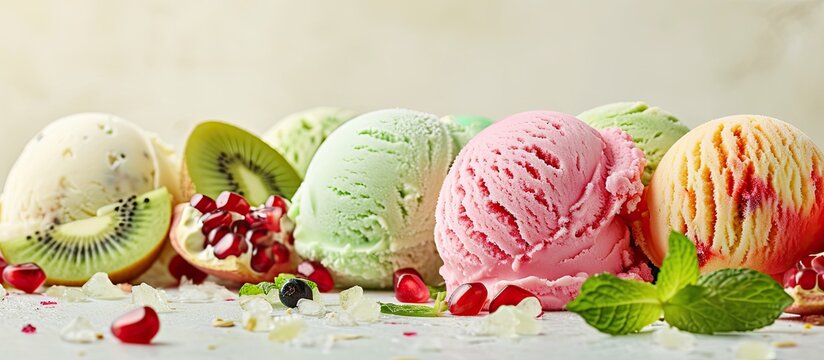 Summer ice cream assortment of fruit flavors with kiwi and pomegranate. Copy space image. Place for adding text