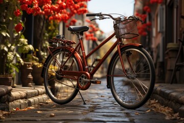 Fototapeta na wymiar A vibrant red bicycle rests peacefully on the sidewalk, its wheels ready to carry its rider on a journey through the bustling city streets