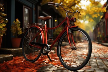 Fototapeta na wymiar A vibrant red bicycle rests on a peaceful brick path, its tire spinning with the promise of outdoor adventure and the freedom of two-wheeled transport