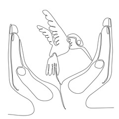 Continuous one line drawing Hand holding flying bird. Peace day concept. Single line draw design vector graphic illustration