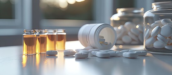Multiple tablets and a bottle. Copy space image. Place for adding text - obrazy, fototapety, plakaty