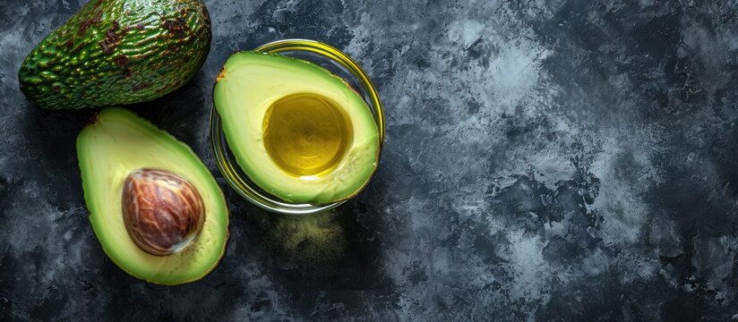 Cut avocado and avocado oil in the limpid bowl on the gray table Top view Copy space. Copy space image. Place for adding text