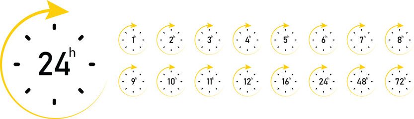 Set of delivery service time Yellow icons clock arrow 1 to 72 hours for design. Vector illustration
